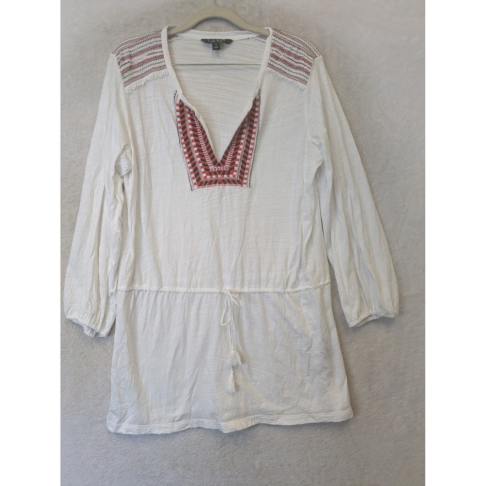 Lauren Ralph Lauren Tunic Top Women's M White Boho Embroidered Tassel V-Neck